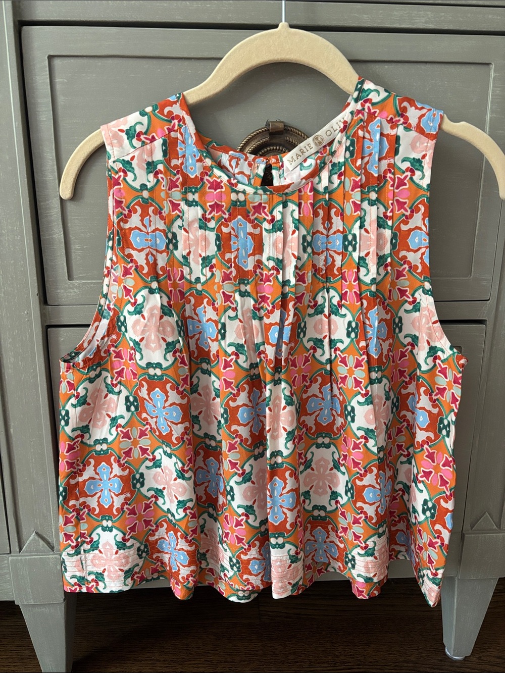 Marie Oliver Sleeveless Multicolor Tile-Print Top — Pink & Orange